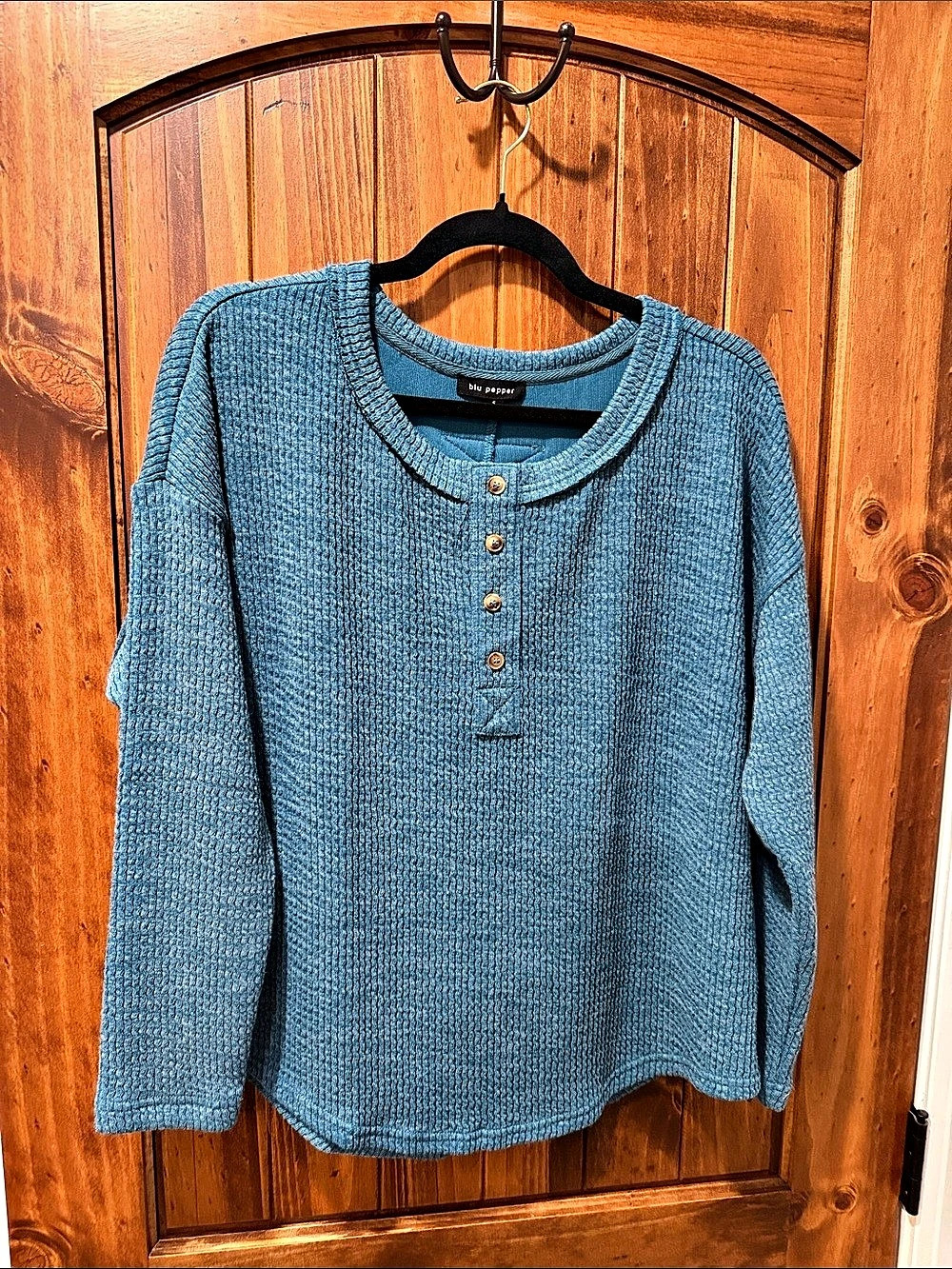 Blu Pepper Long Sleeve Waffle Knit Henley Top Blue